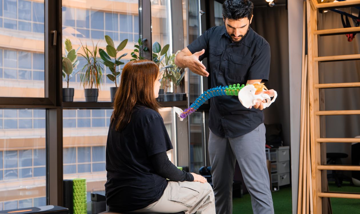 PEMF למחלת דיסק ניוונית — פיזיותרפיסט מדגים מודל של עמוד השדרה המותני והאגן למטופל | PainFree